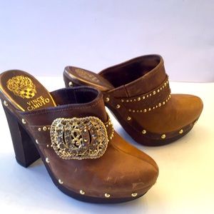 Vince Camuto Wood Heel Mules,Gold Medallion size 8